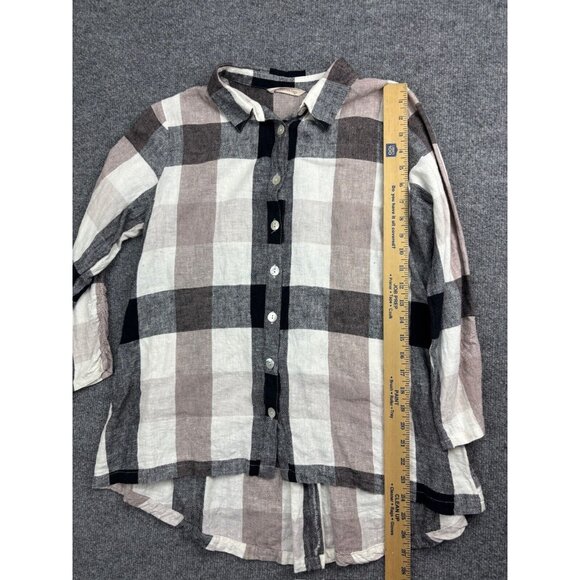 Soft Surroundings Linen Top Women's M Beige Black Check Button Up Zipper Back - Picture 3 of 7